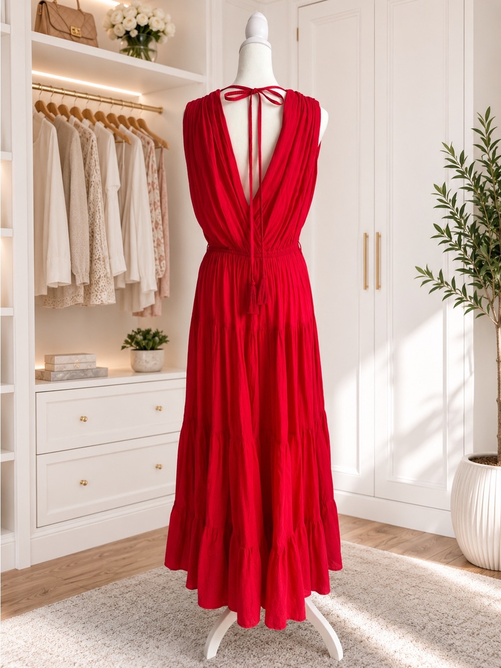 Red Cotton V-Neck Sleeveless Maxi Dress - Picture 2 of 3
